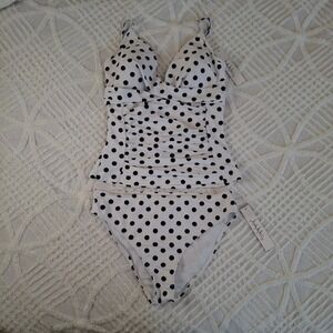 Nicole Miller Studio Polka Dot Tankini Set White Black Vintage Vibes Large NWT